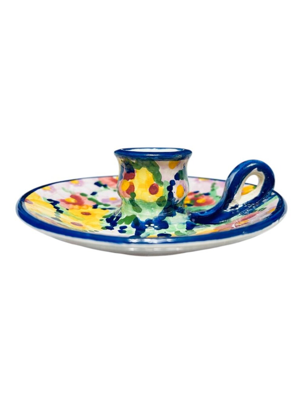Vintage Brightly Painted Pottery Pansy Design Finger Loop Candle Holder Portugal